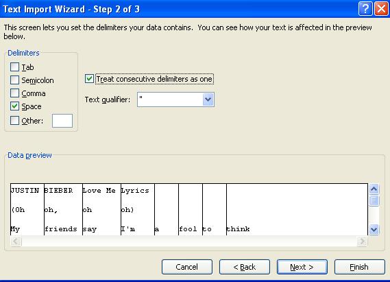 Text Import Wizard Step 2 of 3